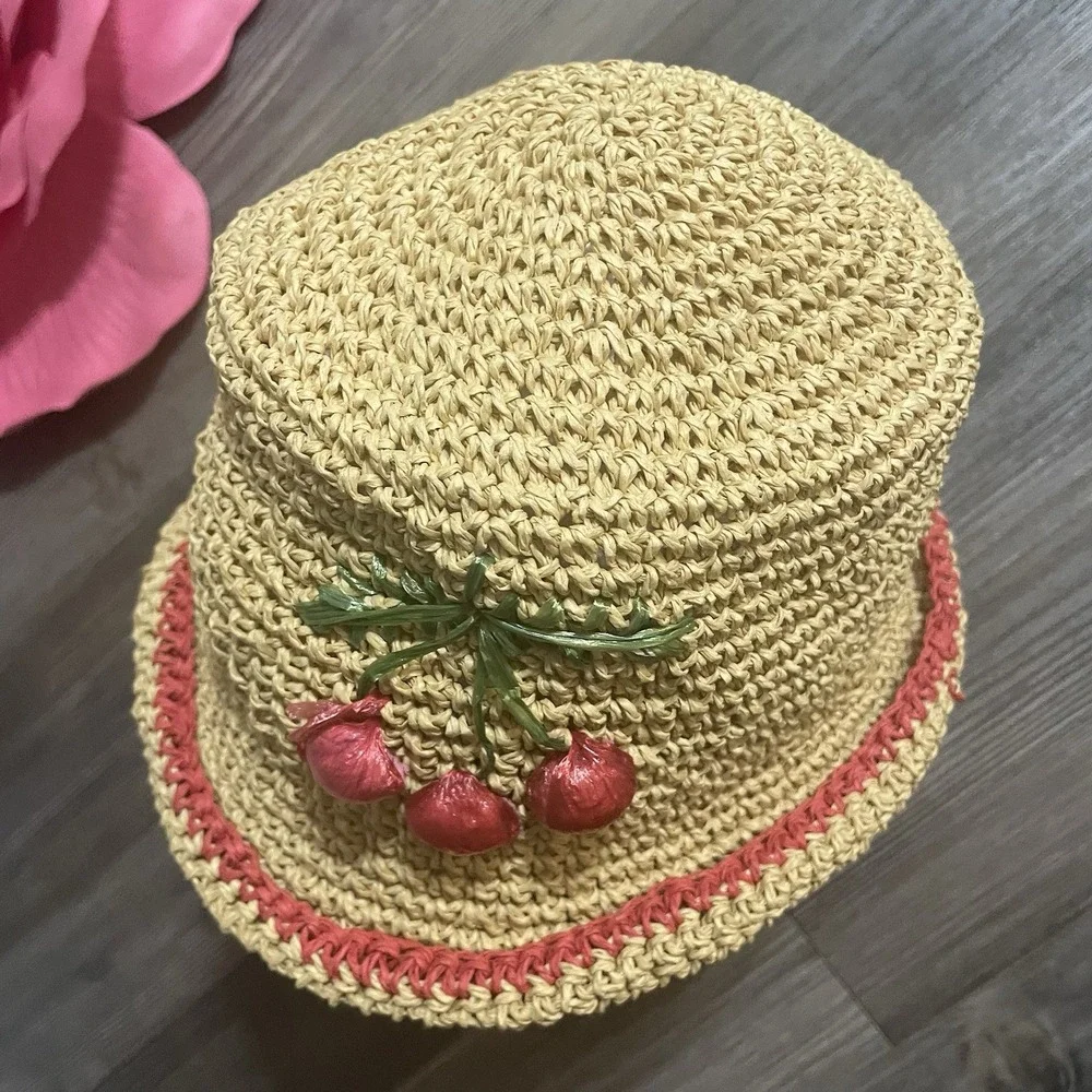 APRIL CORNELL 100% Straw Hat Stitched Cherries Collapsible Packable‎ Woven